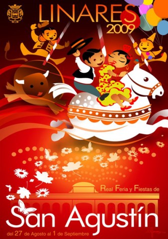 En los inicios de la actual crisis, el Concurso de Carteles de Feria de Linares de 2009 vi� favorable destacar ese a�o el supuesto aire optimista que transmit�a la obra de Antonio Jes�s Jerez, ganador en otras dos ocasiones: 2002 y 1998. La imagen infantil del cartel, con ricos tonos rojizos y amarillos, se exhibe en elementos conocidos como �carricoches�, o atracciones t�picas del recinto ferial, encarnados por un alegre torero a lomos de un infantil morlaco (motivo que nos recuerda al cartel oficial de 1963) junto a una pareja vestida de gitana ella y de campero �l y un payaso al fondo sujetando unos globos. Este �ltimo elemento nos recuerda, tambi�n, los c�ndidos carteles de la d�cada de los 80 del pasado siglo, donde el �globo� fue un icono muy utilizado. Para concluir, vemos como aparece una referencia fundamental a la Fuente del Pisar, como acceso al nuevo recinto ferial que se inaugur� ese mismo a�o.