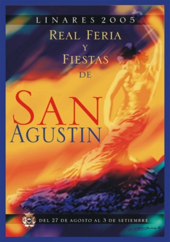 La obra del dise�ador argentino, aunque residente en Granada, Ernesto Merino Kammerer, fue la elegida entre las m�s de veinte obras presentadas al Concurso de Carteles de Feria de Linares 2005. El morado y el dorado son las tonalidades que el dise�ador hace predominar, recurriendo a la t�pica imagen de una mujer con traje de gitana y gran bata de cola, que recuerda mucho al cartel de la feria de 1998. Se echa en falta la presencia de alg�n elemento que otorgue identidad linarense al proyecto elegido, ya que la ciudad s�lo es representada por la presencia del escudo y el lema que aparece en la parte superior.