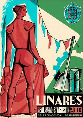 Ser� el cartel de Feria de 1959 el que vuelva a representar la feria de 2003. Podr�a pensarse que es un homenaje que se le rinde al ilustre pintor linarense Paco Ba�os, pero es la escasa calidad del Concurso de Carteles de Feria de Linares lo que obliga al jurado a declararlo desierto. Como citamos al hablar del cartel de 1959, representa la imagen de un torero, identificado por sus rasgos con 'Manolete', que cogi� los �trastos de matar� por �ltima vez en el coso de Linares en 1947. Se a�ade el t�rmino Real que acompa�a a la feria de Linares desde 1997. La tirada de programas de feria fue de 2.500 ejemplares.