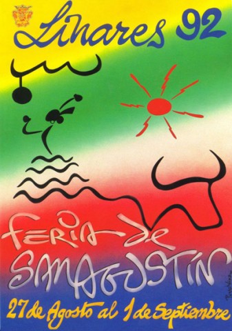 Tal vez el premio del Concurso de Carteles de Feria de Linares en 1992 sorprendi� m�s al joven ubetense aficionado a la pintura, Francisco Mart�nez Muela, que a los propios linarenses. Por aquel entonces el autor ejerc�a como profesor de ingl�s en el IES C�stulo de Linares. Su obra cae en los ya cl�sicos t�picos que se repiten, una y otra vez, en el Concurso, con la salvedad de que esta vez representa a la mujer, el baile, el toro y el sol de una forma distinta a la que normalmente est�bamos acostumbrados. El toque fluido, esquem�tico y trazo veloz nos traslada a un dibujo primitivo, espont�neo e ingenuo, aderezado con colores muy brillantes, alejado de cualquier pintura de corte acad�mico. Por �ltimo, destacamos la leyenda, pues parece que el autor no pudo eludir la influencia que recib�amos, en aquellos a�os, en los que Sevilla fue la sede de la �Expo 92� y Barcelona la organizadora de la primera Olimp�ada en suelo espa�ol. Tal vez por ello junto al escudo aparece llanamente �Linares 92�.