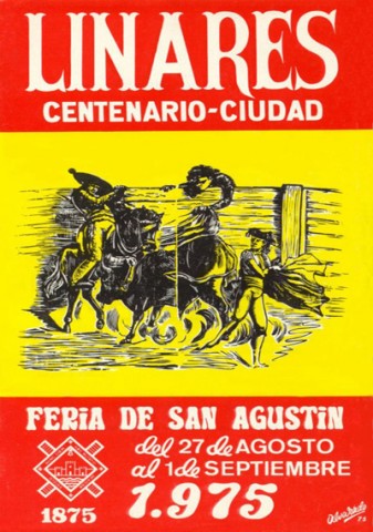 En el centenario de la concesi�n del t�tulo de ciudad, ser� Jos� Luis Alvarado Rus quien se encargue de confeccionar el cartel y el programa de la Feria de Linares en 1975. Aunque se podr�a haber elegido un tema directamente relacionado con la celebraci�n del centenario, se opta por representar, dentro de una bandera espa�ola, el tercio de varas de una corrida de toros del siglo XIX, donde el torero y un subalterno intentan alejar al toro que embiste a un asustado picador y su montura. Este mismo a�o se produce, tambi�n, el hermanamiento de Linares, de Andaluc�a, con el Linares chileno. Y aunque se plante� realizar un festejo taurino para celebrar el centenario tampoco se lleg� a realizar.