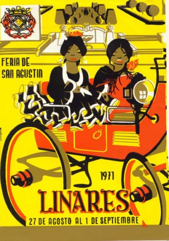 Muy comentado por la prensa provincial del momento fue el curso de serigraf�a organizado, especialmente, para la realizaci�n de programas y carteles en 1971. La imagen seleccionada para ilustrar la Feria de este a�o fue realizada por M. Guti�rrez. Su proyecto representa una antigua imagen del pasado, cuando en la feria de Linares era normal ver a hermosas y engalanadas mujeres acudir a actos sociales, corridas de toros, o pasearse sentadas sobre s�lidas carrozas tiradas por hermosos corceles, participando ocasionalmente en desfiles por las calles aleda�as al recinto ferial. En segundo plano de la composici�n observamos el acceso principal a los hermosos jardines de Santa Margarita, pulm�n verde de las agoste�as tardes linarenses. Por �ltimo, se�alamos tambi�n la presencia, esbozada, de la fuente principal donde se encuentran los bustos de los Marqueses de Linares.