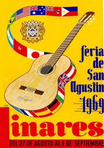 El genial guitarrista linarense Andr�s Segovia entusiasm� al p�blico de medio mundo con sus innumerables conciertos. Parec�a sorprendente que la figura de un linarense que, en palabras de P�rez Comendador, estaba entre Beethoven y Goya, levantara al p�blico de un inmenso escenario nada m�s que con los sones de su guitarra. Esa guitarra, autografiada, es el elemento con el que Jos� Mar�a Gorospe, �Goros�, rinde un merecido homenaje al hijo predilecto de Linares. Alberto L�pez Poveda, bi�grafo del m�sico universal, compar� este cartel de la Feria de 1969 �con esa guitarra m�gica que recorre todos los paralelos y meridianos del mundo�. Como una curiosidad m�s destacamos que el a�o aparece sobrescrito en un pentagrama musical.