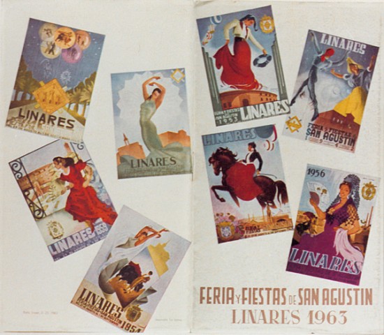 El Cartel Anunciador de la Feria y Fiestas de San Agust�n de 1963 parece que se inspir� en las atracciones, con un gracioso ni�o torero de amarillo montando a lomos de un caballo de tiovivo, negro con crines rojas. Su autor fue �Rodr�guez�. Cuarenta y seis a�os despu�s vemos detalles parecidos en la obra del linarense Antonio Jes�s Jerez, ganador del Concurso de Carteles de Feria de Linares en 2009. Respecto al programa de mano destacamos que en �l podemos ver representados los Carteles Oficiales de distintos a�os, realizados por uno de los mejores cartelistas andaluces. Hablamos de Manuel Serrano Cuesta, giennense fallecido en este a�o de 1963, que fue compa�ero de pintores tan destacados como los tambi�n giennenses Rufino Martos, Antonio Povedano, o Rafael Ortega. La Comisi�n de Festejos del Ayuntamiento de Linares no pod�a dejar pasar la oportunidad de brindarle un recuerdo a uno de los hombres que dot� de imagen a nuestra emblem�tica Feria. Entre los carteles de feria que ilustran el programa reconocemos sus primeros premios en el concurso: �Bronce Gitano�(1944), �Alegr�as� (1945), Amazona�(1948),�Ol�(1953) y �Madro�era� (1956). Junto a ellos aparecen �Bolero Andaluz� de Donato Lobo Garc�a, ganador del primer concurso en 1942, �Luz y Color� de Diego Marcos, ganador en 1954 y por �ltimo el cartel de 1959 de Jos� Ojeda Carmona.