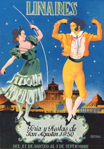 Aunque no se realiza el concurso de carteles este a�o, como ven�a siendo habitual, no nos quedamos sin cartel, ni sin programa de mano. El Cartel oficial parece ser, seg�n la prensa provincial, �Petenera� de Guillermo Puya Zorita, programa de mano de 1948 y segundo premio del Concurso del Cartel Anunciador de la Feria y Fiestas de San Agust�n del mismo a�o. La imagen del programa de mano fue para �Siluetas de otros tiempos�, de Donato Lobo Garc�a, que particip� con este proyecto en el concurso de 1948. En �l vemos a una pareja de bailarines, ataviados con trajes, que difieren bastante de los de �chirri� y �pastira�, t�picos en la provincia de Ja�n. Por su indumentaria recuerdan m�s a una pareja ronde�a y por su baile a una jota serrana. A sus pies vemos una min�scula poblaci�n que celebra su Feria frente al Ayuntamiento, donde no faltan las t�picas atracciones y una carpa de circo. Como elemento curioso vemos que el autor parece que obvi� el escudo de Linares. Este hecho vuelve a repetirse en los programas de 1963, 1964, 1976, 1987 y 1990.