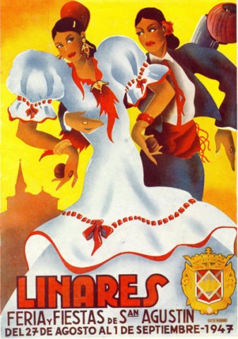 Para cartel oficial de la feria de Linares en 1947 se escoge la obra, ya citada, �Ciri�, del madrile�o Juan Cuevas Mart�nez. Esta obra fue destacada con un premio especial, al declararse desierto el segundo puesto del Concurso del Cartel Anunciador de la Feria y Fiestas de San Agust�n de 1946. El cartel tendr�a una fama inusitada al coincidir la feria de este a�o con la muerte de �Manolete�. En 1997 se volver� a retomar la mencionada imagen. Respecto al programa de mano observamos que es, nuevamente, una obra de Guillermo Puya Zorita, que lleva por t�tulo �Buler�as�. Llama la atenci�n la ruptura de la idea tradicional de movimiento que hemos observado en programas anteriores, donde la mujer suele aparecer bailando sola o con un hombre. En este caso ser�n dos las mujeres bailando y una de ellas parece asumir un rol masculino, al estar vestida con traje campero, y sujetar a su compa�era. Una vez m�s aparece la Ermita de Linarejos como elemento arquitect�nico que otorga a la obra el toque linarensista. 