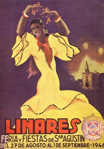 Se conforma nuevamente el Concurso del Cartel Anunciador de la Feria y Fiestas de San Agust�n en 1946, participando un total de once proyectos. El primer premio, dotado con 1.200 pesetas, fue para �Buler�as�, de Guillermo Puya Zorita, del regimiento de infanter�a de Lepanto y residente en C�rdoba. Ser� el cartel mural de esta feria de 1946. El segundo premio se declara desierto y el jurado reparte el importe del mismo entre las obras �El trabajo ennoblece�, de Alejando Monteagudo Alc�zar, de Linares, y �Ciri�, del madrile�o Juan Cuevas Mart�nez. El programa de mano de este a�o ser�, no obstante, ilustrado con otra obra no premiada en el concurso, 'Petenera'. que curiosamente tambi�n es de Guillermo Puya Zorita. Por peteneras parece que baila esta joven muchacha de piel muy morena, que contrasta con los colores rojo de sus alhajas y el amarillo de su traje, tal vez en alusi�n a la bandera espa�ola. Como en a�os anteriores utilizan un edificio representativo como lo es la Ermita de Linarejos. Esta es la primera vez que vemos el t�pico escudo de Linares, presidiendo el lema: 'Linares Feria y Fiestas de San Agust�n'.