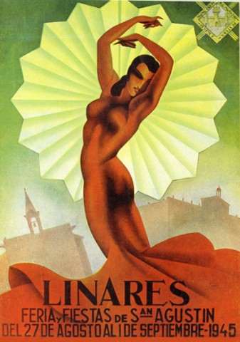 Nuevamente, la obra de Pablo Puertas Send�n es elegida como imagen para el cartel oficial de la Feria de Linares en 1945. Con su obra �Alegr�as�, que fuera ganadora del segundo premio en 1944, podemos apreciar, por primera vez, la utilizaci�n del Paseo de Linarejos como tema central de una obra; unos globos con dibujos aleg�ricos a los actos que se celebran en feria (corridas de toros, carreras de camareros, competiciones ciclistas, bailes y f�tbol) llevan un escudo de Linares a un cielo estrellado, iluminado por unos coloristas fuegos artificiales. El programa de mano es el ganador del concurso de carteles de 1944, del autor Manuel Serrano Cuesta. Con el t�tulo de �Bronce Gitano� rinde homenaje a la bailarina y cantante Custodia Romero que, aun siendo natural de Baeza, pas� tiempo en Linares al parecer recibiendo clases de Enrique �El Jorobado�. Del mismo modo, Custodia Romero, ser�a llamada a convertirse en una de las musas del pintor Julio Romero de Torres. La sensualidad de esta obra, de Serrano Cuesta, nos llama indiscutiblemente la atenci�n. La firmeza de las curvas y el ce�ido traje de la bailarina, hace que nos sorprenda el fallo del jurado de un concurso en plena opresi�n y censura de la dictadura franquista. Acompa�ando a tan sensual figura aparecen, en la neblina, la Ermita de Linarejos y el Ayuntamiento de Linares.