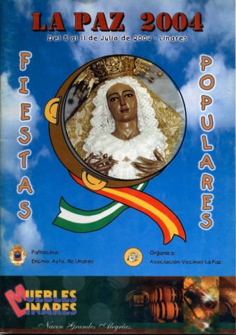 La Paz entre 2003 y 2004 tiene una poblaci�n estimada de 6 mil vecinos, gran parte de ellos participan activamente en sus fiestas. Tal era el bullicio de personas que acud�an a esta feria chica de Linares que fue  necesario tomar medidas especiales. La primera de ellas fue solicitar el sal�n de actos de la Escuela Universitaria  Polit�cnica, para acoger al cuadro flamenco de Vicente Fern�ndez, nacido y criado en la barriada. La segunda consisti� en montar un dispositivo especial de tr�fico, para cortarlo, por vez primera, en el espacio del Paseo de Los Marqueses de Linares en el que se ubicaba el recinto ferial. Esta medida permiti� aumentar las casetas que se instalaban, entre ellas la cofrad�a de la Santa Cena y la del Rescate, y del n�mero de atracciones. El �nico punto negativo fue la suspensi�n del homenaje a los mayores, por las altas temperaturas alcanzadas en este a�o. Se recupera el dise�o del programa de 1980, con la salvedad del cambio de fondo flamenco por la imagen de la Virgen de la Paz.