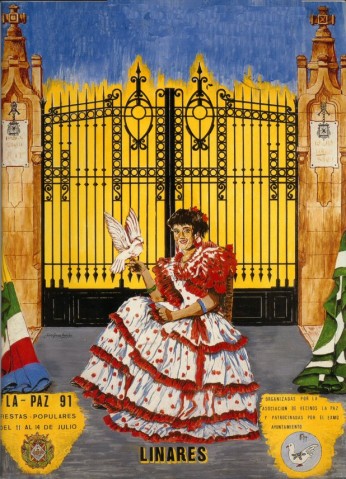 En 1991 comienzan a aparecer las primeras dificultades que hacen peligrar la realizaci�n de la Feria de La Paz, tanto de tipo econ�mico como de reubicaci�n del recinto ferial, abundando en la aparici�n de deficiencias en esta ya m�s que tradicional Feria de La Paz. En este a�o vemos como la Virgen de la Paz, titular de la cofrad�a de la Santa Cena de Linares, se traslada a la barriada que recibe su nombre y permanece en ella, exactamente en la Parroquia del Sagrado Coraz�n de Jes�s, durante la celebraci�n de las fiestas. De nuevo es Juan L�pez �ngeles, autor de la portada del programa de 1991 quien se encargar� de ilustrar el colorido programa de fiestas. El artista recurre a la t�pica imagen de mujer, que tal vez podr�a tratarse de un retrato, y que ataviada con un traje de flamenca descansa frente a la reja del Hospital de los Marqueses de Linares. Aparecen, tambi�n, elementos aleg�ricos a la Barriada de La Paz, la paloma, y por primera vez vemos la bandera de Linares y de Andaluc�a, flanqueando toda la escena.