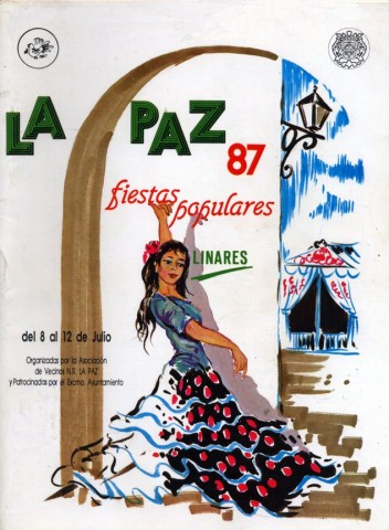 A una d�cada de instaurarse la Feria de La Paz, 1987, la recompensa a los organizadores, que a�o tras a�o ven�an trabajado con denuedo, les llega a trav�s de una masiva respuesta de todos los linarenses, que colapsan el ampl�simo recinto ferial. Este a�o se qued� 'en puertas' la realizaci�n de un festival taurino, encabezado por el torero local Jos� Fuentes, no pudi�ndose materializar por diversas circunstancias. Como dato curioso a destacar es la instalaci�n de un autob�s cultural de la Universidad Popular, con exposiciones de pintura y fotograf�a. Respecto a la imagen del programa podemos decir que es recurrente: una figura de mujer con traje de faralaes. En este caso, es Pedro D�az quien la utiliza bajo un arco con un fondo aleg�rico de casetas de feria.