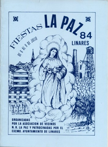 Las fiestas de la Barriada de La Paz para 1984 van tomando un matiz m�s religioso. A las misas y ofrendas florales a la Virgen de la Paz, se a�ade esta portada en donde vemos una representaci�n de la Virgen de la Paz sosteniendo una paloma entre sus manos. Adem�s, en un segundo plano se presenta una estampa minera y la representaci�n de la barriada, con el Hospital Marqueses de Linares de fondo. Es la primera vez que figura tan insigne edificio de Linares. La organizaci�n parece que desestim� el otorgar t�tulos honor�ficos como el de Presidente de la Comisi�n de Festejos. En su lugar se dot� de un mayor n�mero de actividades deportivas y musicales. Tal vez el m�s recordado fuera el Gran Concierto de la Agrupaci�n Musical de Linares, bajo la direcci�n del maestro Tom�s Villanos Soler, en los jardines del Asilo de Ancianos.