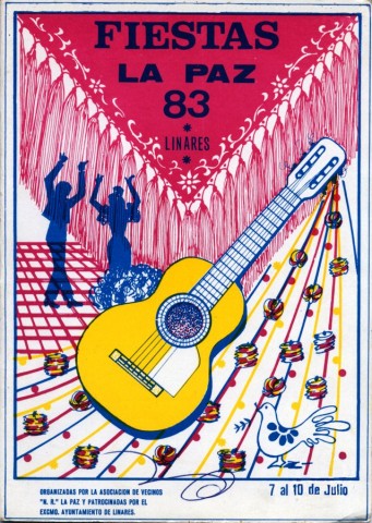 En muchas ocasiones la reivindicaci�n de la situaci�n de la Barriada de La Paz, fue expuesta utilizando los preparativos de las fiestas vecinales. La elecci�n de un Presidente de Honor, que era el Gobernador Civil, fue utilizada para informar y tratar temas relacionados con la barriada por parte de la Asociaci�n de Vecinos de la Barriada de La Paz, como sucedi� en 1983. Parece que no se organiz� un preg�n, pero no falt� la poes�a y el arte en forma de noche flamenca a cargo de los cantaores Manolo Valderrama, el linarense Enrique Soto quien antes hubiera actuado en el programa de televisi�n Gente Joven de TVE, Manolo Gonz�lez, Agust�n Navarra y acompa�ando a la guitarra Juan Ballesteros. Tal vez por la realizaci�n de esta velada flamenca, el artista del programa toma una guitarra como elemento central mientras que al fondo se representa una pareja bailando por sevillanas y coronando la misma un gran mant�n de manila. El autor es desconocido. El motivo de la guitarra espa�ola tambi�n se tom� como base del cartel anunciador de la Feria de San Agust�n de 1963.