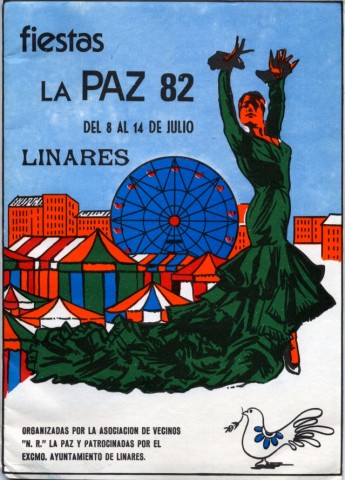 Las fiestas populares de la Paz contin�an celebr�ndose y para 1982 la organizaci�n de los festejos sigue siendo presidida por un Comit� de Honor con las primeras autoridades provinciales y locales, pero la verdadera organizadora ser�a la Asociaci�n de Vecinos, que sin m�s pretensi�n que la diversi�n, hizo posible que las fiestas de la barriada destacasen entre el resto de las fiestas vecinales de nuestra ciudad. Como p�rtico de estas fiestas populares se realizaron las ya tradicionales competiciones deportivas; sin embargo, �ste ser� el a�o en el que se incorpora el I torneo de Ajedrez de la barriada. Elegido como pregonero de Honor encontramos a Br�gido Sot�s, por entonces presidente de la Agrupaci�n de Cofrad�as de Linares, quien realiz� un maravilloso recorrido por la historia de la ciudad de Linares y dedic� unas hermosas palabras para describir aquel barrio de La Paz de 1982. En la portada del programa aparece una bailaora, embutida en un imponente traje verde con bata de cola. Tras ella parece levantarse una gran feria en una vor�gine de casetas y bloques de hormig�n. 