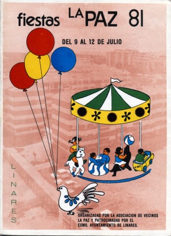 En 1981 la Barriada de la Paz cuenta con m�s de cinco mil vecinos y no es de extra�ar que, como en a�os anteriores, la asistencia de linarenses fuera alta. Nuevamente se le otorga el t�tulo de Presidente del Comit� de Honor al Gobernador Civil de Ja�n, Antonio Ortega, acompa�ado de otras autoridades provinciales. El preg�n este a�o lo realiz� Alfonso Siles, quien analiz� la historia de la barriada y de sus gentes. Y por iniciativa del coordinador de la Comisi�n de Cultura, Arte y Recreo, Juan Hurtado Guzm�n, se a�ade un broche especial al programa de fiestas, al conseguir del poeta linarense Jos� Jurado Morales la realizaci�n del prologo del programa de mano. En sus palabras hace una sentida apolog�a de la Paz, en conexi�n con el nombre de la Barriada. La imagen elegida para representar el programa de mano fue nuevamente la Paloma de La Paz, esta vez sosteniendo en su pico cuatro globos de colores, mientras a su lado se representa un tiovivo infantil. Esta misma idea aparece en los carteles de feria de San Agust�n de los a�os 1963 y 2000. 