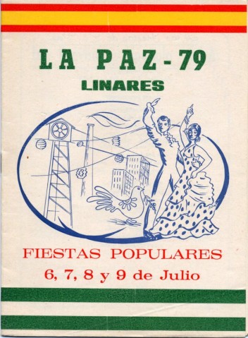 Para 1979 la ya populosa y bella barriada La Paz, con la experiencia y �xito del a�o anterior, prepar� unas magn�ficas fiestas. La Comisi�n de Festejos formada por Miguel Hern�ndez G�mez, presidente de la comisi�n e Hilario Hidalgo G�mez, secretario, entre otros, trabaj� sin descanso para dotar a su barriada de unas extraordinarias fiestas que mitigaran las duras jornadas laborales del verano linarense. La celebraci�n se prolong� por cuatro d�as, del 6 al 9 de julio, y se sumaron nuevos actos, tales como el Homenaje a los Ancianos del Asilo. La portada del programa retoma del a�o anterior la paloma y los bloques, y a�ade la torre de una mina, una cabria y los farolillos que, suspendidos en el aire, acompa�an a una pareja ataviada con trajes flamencos. Todo ello flanqueado por las banderas de Andaluc�a y Espa�a. Se desconoce la procedencia del dibujo. Probablemente fuera el mismo Pedro D�az, autor de la portada del a�o anterior y ganador del Concurso de Carteles de la Feria de San Agust�n en los a�os 1974, 1978 y 2000.
