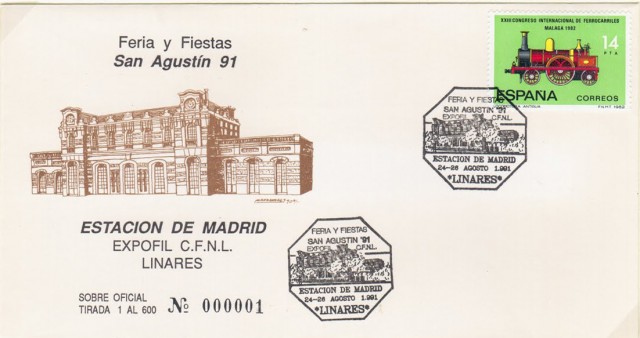 En 1991 el C�rculo Filat�lico y Numism�tico de Linares cumple 15 a�os. Para festejar dicho acontecimiento la asociaci�n filat�lica realiza su exposici�n por primera vez en la estaci�n de Madrid. Este mismo a�o adquiere el rango de exposici�n nacional al contar con expositores de fuera de Andaluc�a. El matasellos que vemos en el sobre rinde homenaje al edificio modernista que lo alberga, construido en 1928.