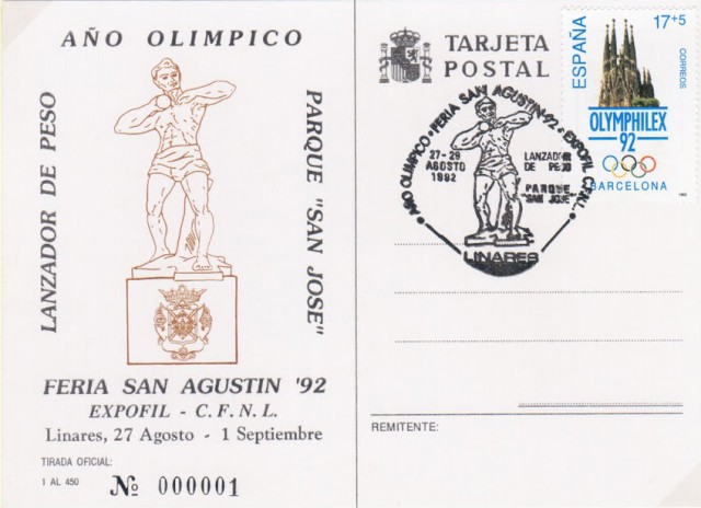 Para el matasellos de 1992, en el que se conmemoraba el a�o ol�mpico, se escoge una obra del escultor malague�o Francisco Palma Burgos: �Monumento al Atleta�, realizada en 1954 y emplazada a la entrada del Parque de Deportes de San Jos�. Dicha obra a d�a de hoy se encuentra en un estado de abandono que hace peligrar su conservaci�n. Tarjeta postal.