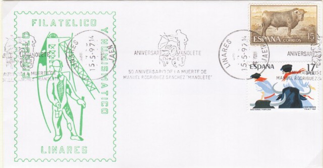 Desde 1996 el C�rculo Filat�lico trabaj� una nueva serie de sellos en conmemoraci�n del cincuenta aniversario de la muerte Manuel Rodr�guez S�nchez, �Manolete�. Se solicit� el 8 de enero de 1996 a los Ministerios de Econom�a y Hacienda y Fomento. Primero de los sobres con rodillo de propaganda, con fecha de primer y �ltimo d�a de funcionamiento, anunciando el 50 aniversario de la muerte de Manuel Rodr�guez S�nchez �Manolete� (1947-1997).