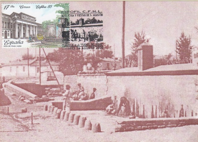 Tercera y �ltima de las postales que realiz� el C�rculo Filat�lico y Numism�tico de Linares en el a�o 2000. En esta postal vemos la fuente a finales del XIX o principios del XX. La representaci�n de monumentos y edificios importantes en Linares como la fachada del Museo Arqueol�gico o la Estaci�n de Madrid han sido una constante en los tradicionales matasellos. 