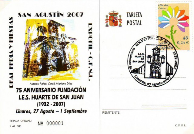 El IES Huarte de San Juan es el centro educativo m�s antiguo de la ciudad. En 1932 se fund� el primer centro educativo de ense�anza secundaria en la ciudad de Linares. Su primera sede fue el Hospital de San Juan de Dios, que aparece representado en el sello. En 1968 se traslad� al edificio que a d�a de hoy ocupa en la calle Rector Mu�oz Fern�ndez. El matasellos fue concedido por el Ministerio de Fomento a trav�s de la Sociedad Estatal de Correos y Tel�grafos. Imagen tarjeta postal conmemorativa.