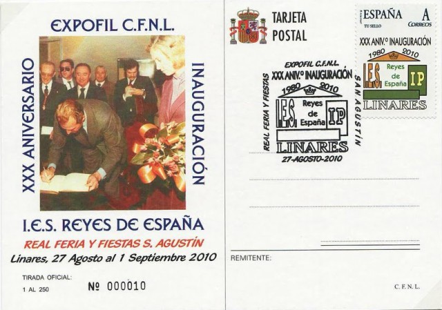 Como ocurri� en 2007, con el IES Huarte de San Juan, el C�rculo Filat�lico y Numism�tico de Linares conmemora el treinta aniversario de la inauguraci�n del Instituto de Ense�anza Secundaria Reyes de Espa�a. La presentaci�n del sello y matasellos fueron incluidos en los actos culturales y acad�micos que durante este a�o realizaron los alumnos del centro de ense�anza. Imagen tarjeta postal conmemorativa.