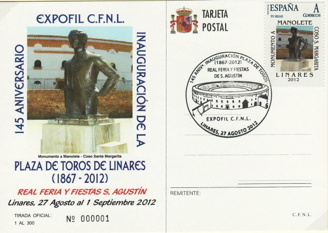 La inauguraci�n de la plaza de toros de Linares fue la efem�ride que el C�rculo Filat�lico y Numism�tico de Linares utiliz� para la realizaci�n del sello especial, as� como el tradicional matasellos conmemorativo que concedi� el Ministerio de Fomento a trav�s de la Sociedad Estatal Correos y Tel�grafos. La figura representada tanto en el sello como en el matasellos es la plaza de toros de Linares. Tambi�n se realiz� un sello dedicado al mito de la tauromaquia, Manolete, segundo que realizaba en Linares sobre el torero cordob�s. La explosi�n se realiz� en El Lugarillo. Imagen tarjeta postal conmemorativa. 