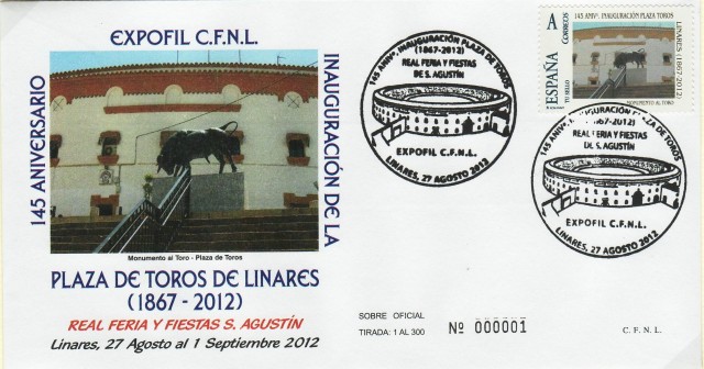 Sobre del 145 aniversario de la inauguraci�n de la plaza de toros de Linares el 9 de junio de 1867 con motivo de las Fiestas en Honor a la Virgen de Linarejos, patrona de la ciudad. Por ella han desfilado todas las m�s grandes figuras del toreo. Es famosa por la tr�gica cogida de Manuel Rodr�guez S�nchez �Manolete�, por parte del toro de la ganader�a de Miura, Islero, en la tarde del 28 de agosto de 1947.