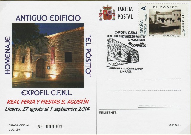 En 2014 el C�rculo Filat�lico y Numism�tico de Linares rinde homenaje al edificio que acoge la tradicional Exposici�n Filat�lica y Numism�tica: el P�sito. Este edificio, que alberga el museo de Raphael y el museo de la ciudad, se pudieron admirar las cl�sicas muestras de Filatelia, Numism�tica, Loterofilia, Vitolfilia y un largo etc. que desde hace ya muchos a�os nos ofrecen los aficionados del C�rculo Filat�lico y Numism�tico de Linares. Como es tradicional, no faltaron el matasellos especial conmemorativo en homenaje al antiguo edificio del P�sito y el sello personalizado. Imagen de la tarjeta postal conmemorativa.